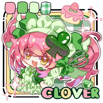 +_+ 1girl amulet_clover apron border bow cake character_name chibi chinese_commentary club_hair_ornament color_guide commentary_request crossed_bangs dress eyes_visible_through_hair food frilled_apron frilled_sleeves frills fruit gloves green_apron green_background green_bow green_dress green_gloves hair_between_eyes hair_bow happy highres hinamori_amu holding holding_whisk humpty_lock_(shugo_chara!) light_blush looking_at_viewer magical_girl maid maid_headdress medium_hair open_mouth outline outside_border picture_frame pink_hair plaid_background puffy_short_sleeves puffy_sleeves short_sleeves short_twintails shugo_chara! sidelocks smile solo sparkle strawberry twintails upper_body waist_bow whisk white_border white_outline yanshuangjun yellow_eyes