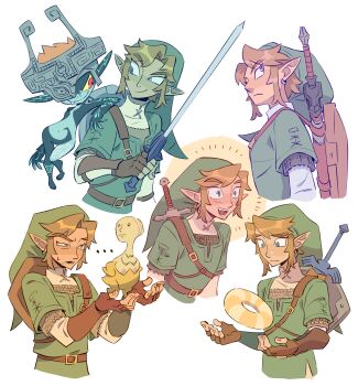 1boy 1girl absurdres black_skin colored_sclera colored_skin green_tunic helmet helmet_over_one_eye highres hylian_shield imp link master_sword midna mimiadraws multicolored_skin neon_trim nintendo shield shortstack the_legend_of_zelda the_legend_of_zelda:_twilight_princess tunic two-tone_skin yellow_sclera
