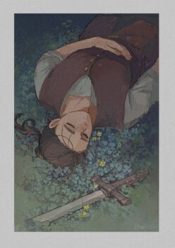 Rule 34 | 1boy, brown hair, chi.: chikyuu no undou ni tsuite, closed eyes, commentary, flower, grass, highres, long hair, lying, male focus, oczy, on back, outdoors, ponytail, shirt, solo, sword, untranslatable commentary, vest, weapon, whit0w