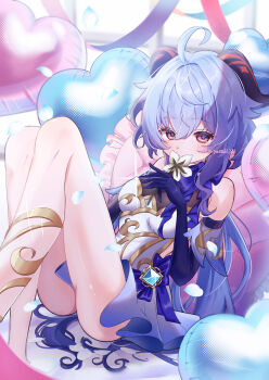 1girl absurdres ahoge alternate_costume artist_name balloon bare_shoulders blue_hair blush breasts commentary commentary_request covering_own_mouth detached_sleeves english_commentary flower ganyu_(genshin_impact) genshin_impact gold_trim heart_balloon highres hmiyasaki holding holding_flower horns knees_up long_hair looking_at_viewer medium_breasts mixed-language_commentary petals purple_eyes sidelocks sitting solo vision_(genshin_impact) white_flower