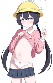 1girl black_hair black_skirt blackness_(blackness661) blue_archive blush bow bow_panties closed_mouth clothes_lift clothes_pull collared_shirt cowboy_shot dot_mouth expressionless flat_chest grey_eyes hair_between_eyes hair_bobbles hair_ornament halo hat kindergarten_uniform kisaki_(blue_archive) kisaki_(kindergarten_uniform)_(blue_archive) lifting_own_clothes loli long_hair long_sleeves looking_at_viewer low_twintails miniskirt name_tag navel open_clothes open_skirt panties pink_shirt pink_sweater pleated_skirt puffy_long_sleeves puffy_sleeves red_bow school_hat shirt shirt_lift sidelocks simple_background skirt skirt_pull solo sparkle stomach sweater twintails underwear v white_background white_panties