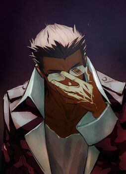 1boy adjusting_eyewear black_hair coat collarbone glasses looking_at_viewer male_focus o_c_x red_coat red_eyes red_theme shin_megami_tensei shin_megami_tensei_i shirt short_hair simple_background takeshi_(megami_tensei) trench_coat white_shirt