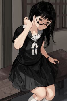 1boy architecture black-framed_eyewear black_hair black_shirt black_skirt bracelet bulge closed_mouth collarbone commentary_request crossdressing crossdressing_(mtf) east_asian_architecture feet_out_of_frame grey_eyes hand_up indoors jewelry long_hair looking_at_viewer male_focus neck_ribbon on_bench original partial_commentary ribbon sailor_collar sailor_shirt semi-rimless_eyewear shirt sitting skirt smile socks solo sunaba_(nczd5875) trap wet white_ribbon white_sailor_collar white_socks