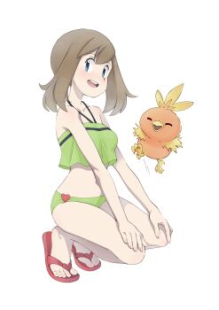 1girl alternate_costume bikini blue_eyes blush breasts brown_hair cloudxmoe collarbone commentary english_commentary feet flip-flops full_body gen_3_pokemon green_bikini hand_on_own_knee highres looking_at_viewer may_(pokemon) navel nintendo open_mouth pokemon pokemon_(creature) pokemon_rse red_sandals sandals sidelocks simple_background small_breasts squatting swimsuit teeth toenails toes torchic upper_teeth_only white_background