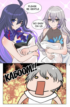 1boy 2girls absurdres ahoge barabin black_hair breasts bronya_rand caelus_(honkai:_star_rail) cleavage closed_mouth collarbone crossed_bangs earrings english_text grey_eyes grey_hair hair_between_eyes highres honkai:_star_rail honkai_(series) jewelry long_hair multicolored_hair multiple_girls open_mouth pillow purple_hair second-party_source seele_(honkai:_star_rail) speech_bubble streaked_hair trailblazer_(honkai:_star_rail) yellow_eyes