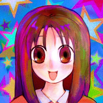 Rule 34 | 1girl, al pansi, azumanga daiou, blush, brown eyes, brown hair, commission, kasuga ayumu, long hair, looking at viewer, open mouth, parted bangs, portrait, smile, solo, star (symbol), straight on