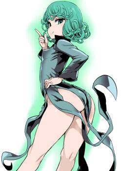1girl aqua_eyes aqua_hair arched_back asanagi ass black_dress breasts covered_erect_nipples dress female_focus green_theme hand_on_own_hip index_finger_raised long_sleeves looking_at_viewer no_panties one-punch_man short_hair small_breasts smile solo tatsumaki wind wind_lift