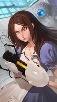 1girl alice:_madness_returns alice_(alice_in_wonderland) alice&#039;s_adventures_in_wonderland alice_liddell_(american_mcgee&#039;s_alice) american_mcgee&#039;s_alice aperture_science_handheld_portal_device crossover dress green_eyes ilya_kuvshinov portal portal_(series) portal_1 portal_2 valve wheatley