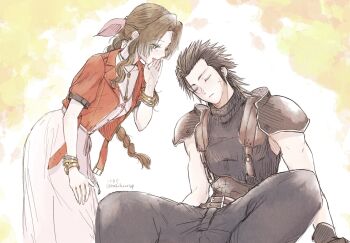 1boy 1girl aerith_gainsborough armor bangle belt black_gloves black_hair black_sweater bracelet braid braided_ponytail brown_hair choker closed_mouth commentary_request cross_scar dress drill_hair drill_sidelocks earrings facial_scar feet_out_of_frame final_fantasy final_fantasy_vii final_fantasy_vii_rebirth final_fantasy_vii_remake gloves hair_ribbon hatidoricrisp jacket jewelry leaning_forward leaning_to_the_side long_hair looking_at_another multiple_belts open_clothes open_jacket open_mouth parted_bangs pink_dress pink_ribbon ponytail red_jacket ribbon scar scar_on_cheek scar_on_face short_sleeves shoulder_armor sidelocks sitting sleeping sleeveless sleeveless_turtleneck spiked_hair standing stud_earrings suspenders sweater turtleneck turtleneck_sweater twitter_username zack_fair