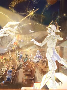 3boys 4girls balloon bare_shoulders bird black_boots black_bow black_choker black_gloves black_hair black_pants black_shirt black_skirt blue_hat blue_jacket blue_skirt boots bow chair chinese_commentary choker clockie_(honkai:_star_rail) closed_mouth commentary_request conductor_baton dan_heng_(honkai:_star_rail) dan_heng_(hunt)_(honkai:_star_rail) detached_sleeves dove dress feathered_wings formal_clothes glint gloves green_eyes green_jacket grey_hair hair_between_eyes hair_bow halo halo_behind_head hat head_wings highres himeko_(honkai:_star_rail) holding holding_balloon holding_baton honkai:_star_rail honkai_(series) indoors jacket locked_arms long_hair long_sleeves looking_at_another low_ponytail march_7th_(honkai:_star_rail) march_7th_(preservation)_(honkai:_star_rail) medium_hair misha_(honkai:_star_rail) multiple_boys multiple_girls musical_note musical_staff on_chair open_clothes open_jacket pants piercing pink_hair pom-pom_(honkai:_star_rail) ponytail purple_choker purple_hair purple_sleeves qingming_tiaohetu red_hair robin_(honkai:_star_rail) shirt shoes short_hair short_sleeves sitting skirt smile spiked_halo standing stelle_(honkai:_star_rail) strapless strapless_dress sunday_(honkai:_star_rail) sunday_(star_rail_live_2025)_(honkai:_star_rail) tailcoat thigh_strap tied_jacket trailblazer_(honkai:_star_rail) white_bird white_dress white_gloves white_shirt white_wings wing_piercing wings