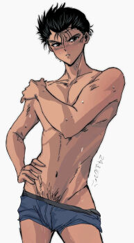 Rule 34 | 1boy, black hair, hand on own hip, hand on own shoulder, hiei4455, highres, male focus, pubic hair, serious, solo, sweat, underwear, urameshi yuusuke, white background, yuu yuu hakusho