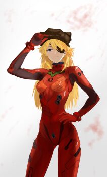1girl absurdres adjusting_clothes adjusting_headwear alternate_color blonde_hair blue_eyes bodysuit brown_hat commentary_request eyepatch hand_on_own_hip hat highres long_hair looking_at_viewer mecha_pilot_suit neon_genesis_evangelion plugsuit_(evangelion) rebuild_of_evangelion red_bodysuit skin_tight solo souryuu_asuka_langley standing user_mvmx2772