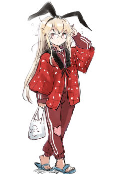 1girl alternate_costume bag bespectacled black_hairband blonde_hair fuji_(pixiv24804665) full_body glasses grey_eyes hairband hanten_(clothes) highres jacket kantai_collection long_hair pants patchwork_clothes plastic_bag red_jacket red_pants red_track_suit sandals shimakaze_(kancolle) solo track_jacket track_pants track_suit