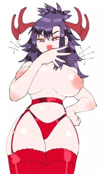 Rule 34 | +++, 1girl, antlers, borrowed character, breasts, commission, cowboy shot, curvy, garter belt, hand on own hip, hand up, horns, inkerton-kun, jackalope girl, large breasts, laughing, lingerie, long hair, looking at viewer, lumina (geemailbox), navel, nipples, ojou-sama pose, open mouth, original, panties, pink eyes, purple hair, red horns, red panties, red thighhighs, second-party source, smile, solo, thighhighs, topless female, underwear, underwear only