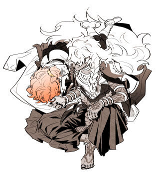 1boy 1girl absurdly_long_hair arm_tattoo belt boots bracelet braid chaldea_uniform dark-skinned_male dark_skin fate/grand_order fate_(series) flower_knot foot_tattoo fujimaru_ritsuka_(female) hair_ornament hair_scrunchie hakama hakama_pants hand_in_another&#039;s_hair hand_tattoo highres j_(fgj110101) jacket japanese_clothes jewelry knee_up long_hair looking_at_another lying_on_hair medium_hair nail_polish neck_ring one_side_up orange_hair pants pantyhose pleated_skirt scrunchie side_braid simple_background single_braid sitting skirt sleeping solomon_(fate) spot_color tassel tattoo thumb_ring toenail_polish toenails very_long_hair yellow_scrunchie