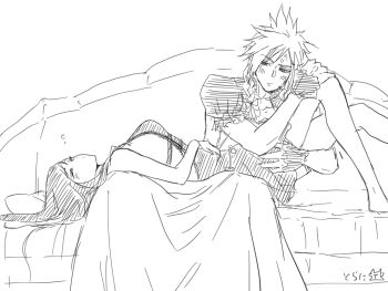 1boy 1girl bare_legs barefoot blush breasts closed_eyes closed_mouth cloud_strife cloud_strife_(blue_dress) couch dress final_fantasy final_fantasy_vii final_fantasy_vii_remake hug hugging_another's_leg large_breasts long_hair low_twin_braids lying lying_on_lap ninnin5tora offi official_alternate_costume official_alternate_hairstyle on_back on_couch rossdressing_(mtf) sitting sleeping spiked_hair tifa_lockhart tifa_lockhart_(refined_dress) twin_braids