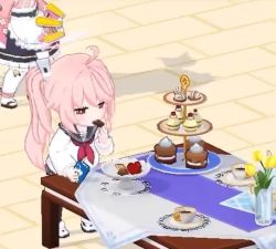 2girls 3d ahoge animated blue_archive cake chibi child cup drinking_straw eating food multiple_girls natsu_(blue_archive) pink_hair purple_hair school_uniform shizuko_(blue_archive) table tagme video video_game_screencap