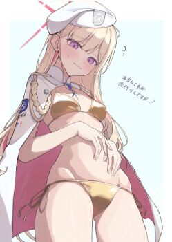 1girl belly beret bikini blonde_hair blonde_student_council_president_(blue_archive) blue_archive blunt_bangs blush breasts commentary_request epaulettes gold_bikini halo hand_on_own_stomach hat highres hip_bones matchadzuke medal medium_breasts purple_eyes simple_background single_epaulette solo swimsuit text_background