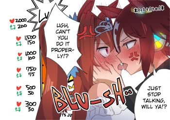 2girls absurdres anger_vein animal_ears black_jacket blush brown_hair commentary daiwa_scarlet_(umamusume) dress ear_blush english_commentary english_text eye_contact french_kiss hair_intakes highres horse_ears horse_girl iegendchanger jacket kiss kiss_meter_(meme) looking_at_another meme multiple_girls short_hair speech_bubble tiara tongue tongue_out twintails umamusume vodka_(umamusume) white_dress yuri