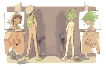 2boys ass bag blue_eyes brendan_(pokemon) brendan_(pokemon_oras) brown_hair censored completely_nude flaccid foreskin green_eyes green_hair hat highres kenoru male_focus multiple_boys nintendo nude outdoors pee peeing peeing_on_wall peeing_together penis penis_grab pokemon pokemon_oras puddle shota small_penis testicles wall wally_(pokemon)