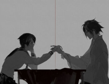 1boy 1girl black_hair chinese_commentary commentary_request cowboy_shot from_side fuura_kafuka glasses grey_background highres holding_hands itoshiki_nozomu japanese_clothes kimono looking_at_another monochrome neckerchief sayonara_zetsubou_sensei school_uniform serafuku short_hair sitting spot_color string string_of_fate table teacher_and_student yeluo_black