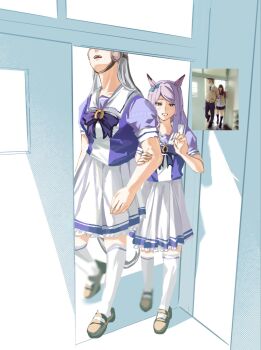 animal_ears aqua_bow bow breasts bumping_head commentary doorway ear_bow gold_ship_(umamusume) grey_hair height_difference highres horse_ears horse_girl horse_tail lampy_uikoko long_hair looking_at_viewer mejiro_mcqueen_(umamusume) multiple_girls open_mouth photo-referenced photo_inset puffy_short_sleeves puffy_sleeves purple_bow purple_eyes purple_hair purple_shirt reference_photo sailor_collar sailor_shirt school_uniform shirt shoes short_sleeves skirt smile tail thighhighs tracen_school_uniform umamusume waving white_sailor_collar white_skirt white_thighhighs zettai_ryouiki