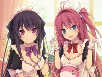 2girls antenna_hair ao_no_kanata_no_four_rhythm apron black_hair blue_eyes blush bow bowtie breasts cleavage closed_mouth collar commentary detached_collar english_commentary hair_intakes hand_up hands_up holding holding_stethoscope indoors juliet_sleeves kurashina_asuka large_breasts long_hair long_sleeves looking_at_viewer maid maid_apron maid_headdress medium_breasts multiple_girls official_art one_side_up open_mouth pink_hair puffy_sleeves purple_bow purple_bowtie purple_eyes red_bow red_bowtie short_sleeves smile stethoscope suzumori tobisawa_misaki white_collar white_headdress