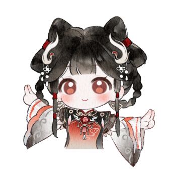 Rule 34 | 1girl, artist request, bird, bird hair ornament, black dress, black hair, blunt bangs, bow-shaped hair, braid, braided hair rings, brown eyes, chinese clothes, closed mouth, collared dress, crane (animal), cropped torso, double bun, dress, earrings, eyelashes, feather-trimmed sleeves, gold earrings, gold necklace, hair bun, hair ornament, hair rings, hair tubes, happy, infinity nikki, jewelry, layered sleeves, light blush, long sleeves, looking at viewer, necklace, nikki (series), official art, outstretched arm, painterly, red tabard, short hair with long locks, short over long sleeves, short sleeves, sidelocks, smile, solo, song beyond (infinity nikki), sticker (medium), tabard, tareme, transparent background, wide sleeves