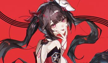 absurdres back_tattoo bare_shoulders black_hair finger_to_mouth floating_hair fox_mask highres honkai:_star_rail honkai_(series) looking_at_viewer looking_back mark_under_both_eyes mask mask_on_head purple_eyes red_background red_nails red_sleeves rotated shiraki_(y_aira_srk) sideways simple_background sparkle_(honkai:_star_rail) tattoo twintails upper_body