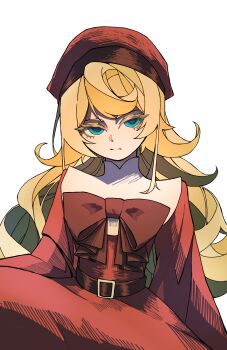 1girl belt beret blonde_hair blue_eyes bow brown_belt brown_bow chest_bow child closed_mouth commentary_request cowboy_shot dress empty_eyes hat highres large_bow long_hair long_sleeves looking_ahead mandarin_collar red_dress red_hat sidelocks simple_background solo standing tanya_degurechaff user_skzr7735 wavy_hair white_background wide_sleeves youjo_senki