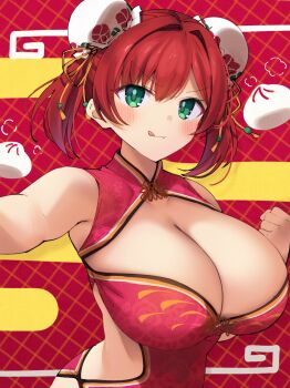 >:) 1girl :q steamed_bun bare_arms bare_shoulders blush breasts bun_cover china_dress chinese_clothes cleavage cleavage_cutout clenched_hand closed_mouth clothing_cutout dolphin_wave double_bun dress food food-themed_background green_eyes hair_bun hair_intakes hands_up highres huge_breasts looking_at_viewer mukuba official_alternate_costume official_alternate_hairstyle outstretched_arm reaching reaching_towards_viewer red_background red_dress red_hair sakimiya_iruka short_hair short_twintails side_cutout sleeveless sleeveless_dress smile solo standing tongue tongue_out twintails upper_body v-shaped_eyebrows