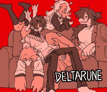 1boy 1other 2girls animal_ears antlers armrest beak berdly_(deltarune) bird_boy bird_legs bird_wings black_pants black_shirt black_skirt black_socks black_sweater buck_teeth closed_mouth coat commentary couch deer_antlers deer_ears deer_girl deltarune denim dokusony83834 english_commentary furry furry_female glasses hair_down hand_on_own_face horns jeans kneehighs kris_(deltarune) limited_palette long_hair lying miniskirt monster_girl multiple_girls no_eyes no_shoes noelle_holiday on_couch on_stomach pants pleated_skirt ponytail red_background reindeer_girl reptile_girl shaded_face shirt short_hair sitting sitting_on_person skirt smile socks striped_clothes striped_sweater susie_(deltarune) sweater sweater_vest teeth torn_clothes torn_jeans torn_pants utdr_(toby_fox) vest white_shirt wings
