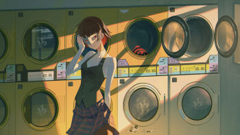 1girl aash4i absurdres black_skirt brown_hair chinese_commentary colored_inner_hair commentary_request cowboy_shot eye_mask green_vest highres indoors laundromat long_sleeves looking_at_viewer mask multicolored_hair niijima_makoto parted_lips persona persona_5 plaid_clothes plaid_skirt pleated_skirt red_eyes reflection shadow shirt short_hair skin_tight skirt smile solo standing vest washing_machine white_shirt