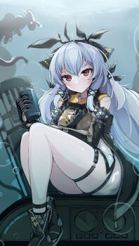 1girl :o absurdres ahoge ankle_strap arknights bad_id bad_pixiv_id black_gloves blush bow breasts can commentary detached_sleeves english_commentary eyebrows_hidden_by_hair female_focus full_body gloves hair_between_eyes hair_bow highres holding holding_can huge_filesize jacket jewelry long_hair long_sleeves looking_at_viewer machine mecha_request necklace no_nose purerin quad_tails red_eyes shoes sidelocks silver_hair sitting solo tagme thigh_strap thighs weedy_(arknights)