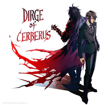 1boy absurdres black_hair clawed_gauntlets cloak commentary copyright_name copyright_notice dirge_of_cerberus:_final_fantasy_vii dual_persona english_commentary final_fantasy final_fantasy_vii final_fantasy_vii:_ever_crisis formal_clothes fujise_lisa highres long_hair necktie official_alternate_costume official_art promotional_art red_cloak simple_background standing suit torn_cloak torn_clothes turks_(ff7) very_long_hair vincent_valentine