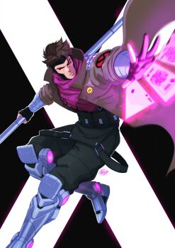 1boy ace_(playing_card) ace_of_diamonds black_gloves black_pants black_sclera brown_hair brown_jacket card colored_sclera diamond_(shape) fingerless_gloves gambit gloves glowing_card highres holding holding_staff jacket marvel mechanical_legs open_clothes open_jacket pants pink_eyes pink_poncho playing_card poncho short_hair signature solo staff tovio_rogers x-men