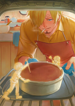 3boys absurdres apron blonde_hair blue_eyes clone collared_shirt commentary curly_eyebrows english_commentary facial_hair goatee goatee_stubble highres holding indoors jar jennyandloiryan kitchen male_focus mini_person miniboy multiple_boys multiple_persona mustache_stubble one_piece oven oven_interior oven_mitts red_apron sanji_(one_piece) shirt short_hair smoke smoking stubble teapot yellow_shirt