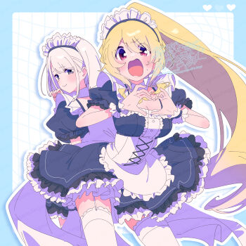 Rule 34 | 2girls, alternate costume, apron, black dress, blonde hair, blue border, blush, border, breasts, cleavage, closed mouth, commentary request, cowboy shot, dot nose, dress, enmaided, frilled apron, frilled dress, frills, garter straps, grey hair, grid background, hair between eyes, heart, heart hands, highres, large breasts, long hair, looking at viewer, magia record: mahou shoujo madoka magica gaiden, mahou shoujo madoka magica, maid, maid headdress, multiple girls, open mouth, outline, outside border, ponytail, red eyes, serizawa serizane, short sleeves, smile, sweat, thighhighs, togame momoko, v-shaped eyebrows, watermark, white apron, white background, white outline, white thighhighs, yakumo mitama