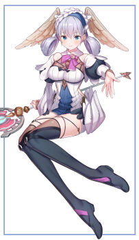 1girl blue_eyes braid breasts crown_braid full_body green322 grey_hair head_wings highres holding holding_staff juliet_sleeves legs long_sleeves medium_breasts melia_antiqua o-ring puffy_sleeves reaching reaching_towards_viewer simple_background solo staff thighhighs white_background wings xenoblade_chronicles:_future_connected xenoblade_chronicles_(series) xenoblade_chronicles_1