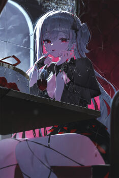 1girl akane_lize alcohol black_bridal_gauntlets black_dress bridal_gauntlets closed_mouth colored_inner_hair crown cup dress drinking_glass finger_to_mouth grey_eyes grey_hair highres huhi_(huhi_1211) long_hair long_sleeves looking_at_viewer mini_crown mole mole_on_cheek mole_under_eye multicolored_hair red_hair red_wine sitting solo stellive two-tone_hair virtual_youtuber wine wine_glass