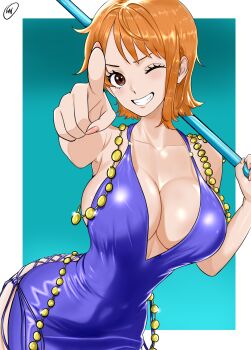 1girl absurdres blue_dress breasts brown_eyes cleavage collarbone dress grin highres holding holding_staff index_finger_raised large_breasts nami_(one_piece) one_eye_closed one_piece orange_hair plunging_neckline pointing pointing_at_viewer short_hair smile solo staff waifuviolenta