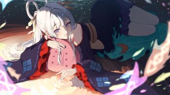 Rule 34 | 2girls, bare shoulders, blue eyes, blush, chinese commentary, cho kaguya-hime!, closed mouth, collarbone, commentary request, fox shadow puppet, fox shadow puppet kiss, hair between eyes, hair ornament, hair rings, hair stick, highres, japanese clothes, kimono, long hair, looking at viewer, lying, multiple girls, octopus, on side, purple kimono, purple nails, runami yachiyo, sakayori iroha, smile, sparkle, tears, twintails, two-tone kimono, white hair, youqia