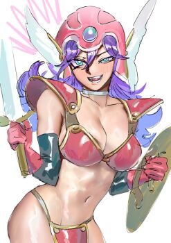 1girl armor bikini_armor breasts cleavage dragon_quest dragon_quest_iii htkcnosinz large_breasts navel purple_hair shield sword tagme warrior_(dq3) weapon