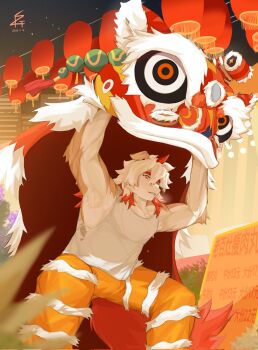 Rule 34 | 1boy, animal ears, arknights, armpits, arms up, artist logo, bara, biceps, chinese text, colored tips, commentary, dated, dog ears, dog tail, furry, furry male, highres, horns, hung (arknights), komainu boy, lantern, lion dance, logo, male focus, multicolored hair, muscular, muscular male, night, orange pants, pants, paper lantern, rmpgns, shirt, single horn, sleeveless, sleeveless shirt, star (sky), sweat, tail, tank top, translation request, untranslatable commentary, white shirt, white tank top