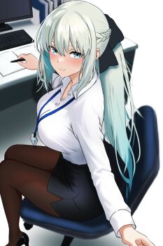 1girl absurdres bamboo_tac black_bow black_skirt blue_eyes blush bow braid breasts brown_pantyhose chair collared_shirt commentary_request computer computer_keyboard desk fate/grand_order fate_(series) grey_hair hair_bow high_heels highres id_card lanyard large_breasts long_hair long_sleeves looking_at_viewer morgan_le_fay_(fate) pantyhose pencil_skirt ponytail shirt sidelocks sitting skirt smile solo swivel_chair thighs very_long_hair white_shirt