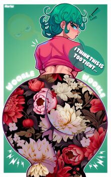 1girl absurdres ai-assisted alternate_costume artist_name ass ass_focus bell-bottoms crop_top emoji english_text floral_print forbidden_pants green_eyes green_hair highres huge_ass looking_at_viewer looking_back marlosart one-punch_man pants pink_shirt print_pants shirt short_hair short_sleeves solo speech_bubble tatsumaki unmoving_pattern