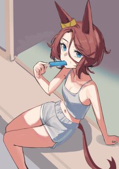 1girl animal_ears arm_support blue_eyes camisole commentary_request food food_in_mouth grey_camisole grey_shorts hair_between_eyes highres holding holding_food holding_popsicle horse_ears horse_girl horse_tail looking_at_viewer narita_taishin_(umamusume) popsicle popsicle_in_mouth shorts sitting solo solokitsune sweatdrop tail umamusume