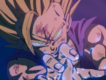 1boy aura battle_damage blonde_hair child commentary_request dragon_ball dragonball_z green_eyes highres male_focus muscular muscular_male parted_lips purple_background purple_shirt shirt simple_background smirk solo son_gohan spiked_hair super_saiyan super_saiyan_2 upper_body yuyu09010316