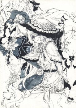 1girl absurdres artist_request bug butterfly capelet chinese_commentary closed_mouth commentary_request commission dress floral_background flower frilled_sleeves frills gloves hat hat_flower highres insect long_hair long_sleeves mahou_shoujo_no_majo_saiban mixed-language_commentary monochrome multiple_views picture_frame profile rose sample_watermark second-party_source smile solo tsukishiro_yuki watermark