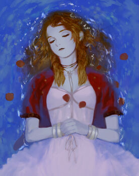 1girl aerith_gainsborough bracelet brown_hair choker closed_eyes closed_mouth commentary_request dress final_fantasy final_fantasy_vii final_fantasy_vii_remake highres jacket jewelry long_hair lying on_back on_water open_clothes open_jacket pale_skin petals pink_dress red_jacket red_petals short_sleeves solo tori_(labyrinth_fft) upper_body water